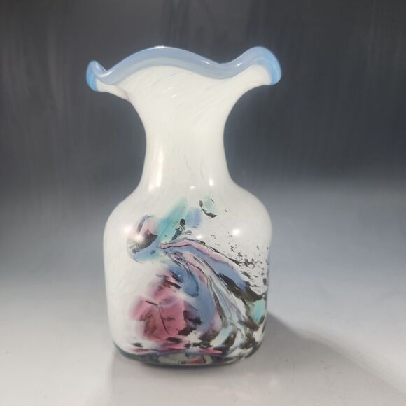 Signed Art Glass Vase Cased Clear Confetti White Swirl Blue Crest Amethyst Pink - Picture 3 of 10